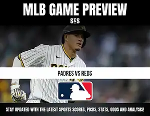 MLB game preview for Padres vs Reds, featuring a player in a Padres uniform.