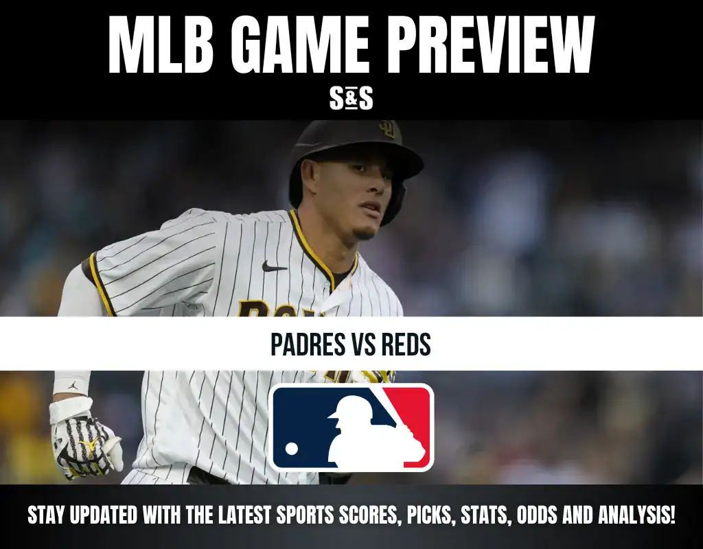 MLB game preview for Padres vs Reds, featuring a player in a Padres uniform.