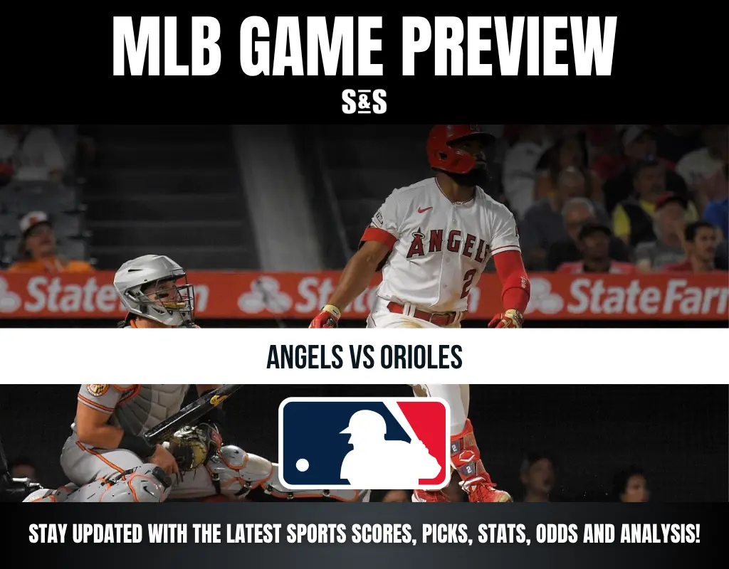 MLB Game Preview featuring Angels vs Orioles, with a call to stay updated on sports scores, picks, stats, odds, and analysis.