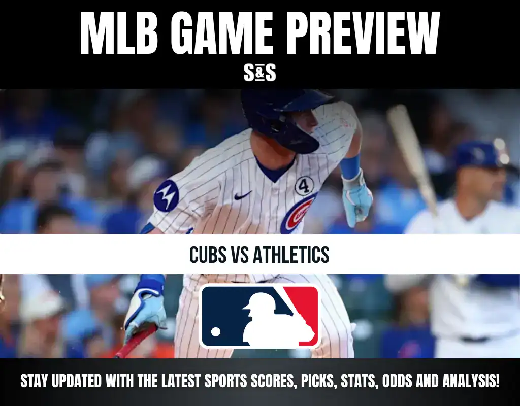 MLB Game Preview featuring "Cubs vs Athletics" with an image of a player at bat in a baseball game.