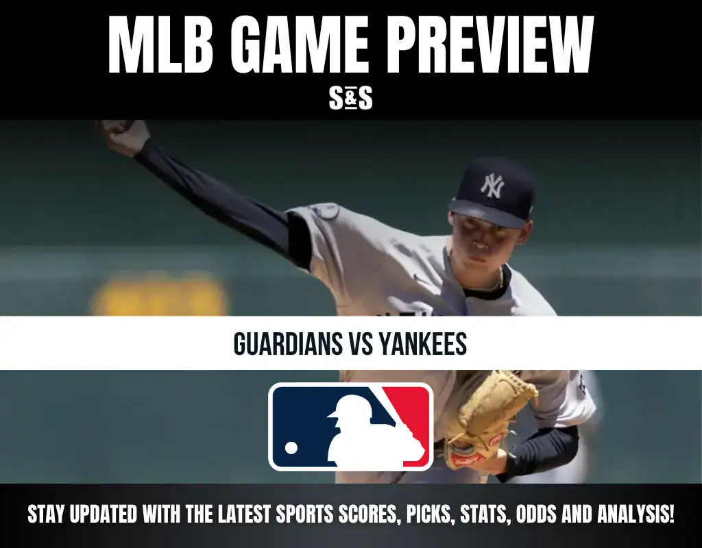 MLB Game Preview featuring the Guardians vs. Yankees, with a player pitching for the Yankees.