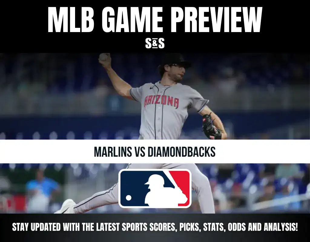 MLB Game Preview featuring Marlins vs Diamondbacks, with a player from the Diamondbacks in action.