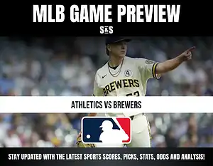MLB Game Preview with text "Athletics vs Brewers" and a player wearing a Brewers jersey.