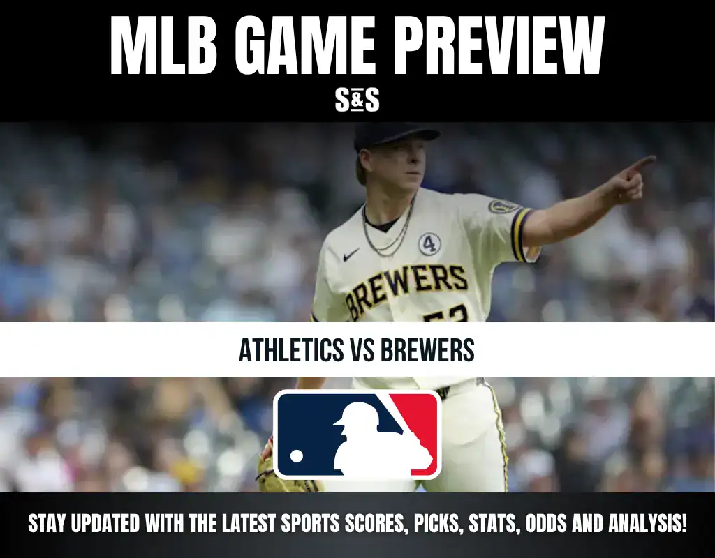 MLB Game Preview with text "Athletics vs Brewers" and a player wearing a Brewers jersey.