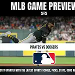 MLB Game Preview for Pirates vs Dodgers with an image of a player in action.