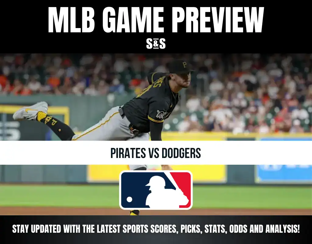MLB Game Preview for Pirates vs Dodgers with an image of a player in action.