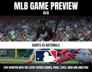 MLB game preview featuring a matchup between the Giants and Nationals, with a player from the Giants in action.