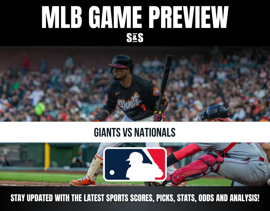 MLB game preview featuring a matchup between the Giants and Nationals, with a player from the Giants in action.