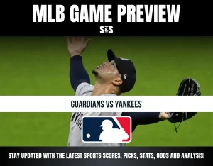 MLB Game Preview featuring a matchup between Guardians and Yankees, with the MLB logo and text indicating to stay updated with the latest sports scores, picks, stats, odds, and analysis.