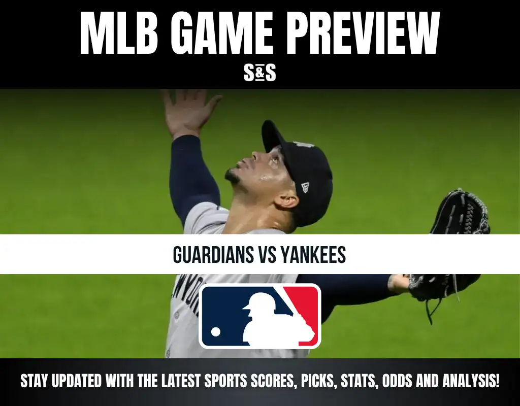 MLB Game Preview featuring a matchup between Guardians and Yankees, with the MLB logo and text indicating to stay updated with the latest sports scores, picks, stats, odds, and analysis.