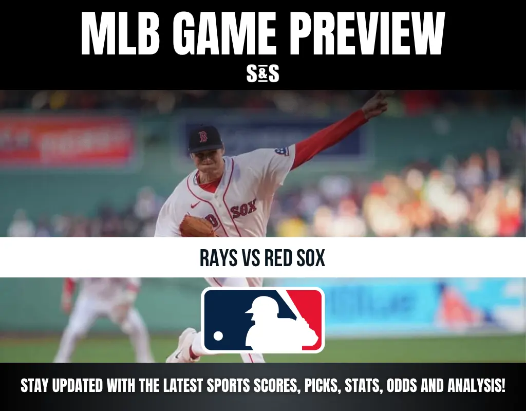 MLB Game Preview between the Rays and Red Sox with a background image of a player pitching.