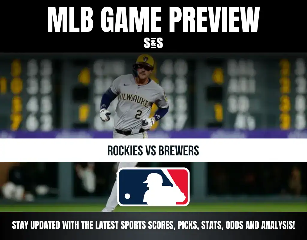 MLB Game Preview: Rockies vs Brewers, featuring a player in a Milwaukee Brewers uniform and the MLB logo.