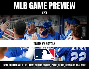 MLB game preview graphic featuring teams Twins vs Royals, with the MLB logo and text for updates on sports scores, picks, stats, odds, and analysis.