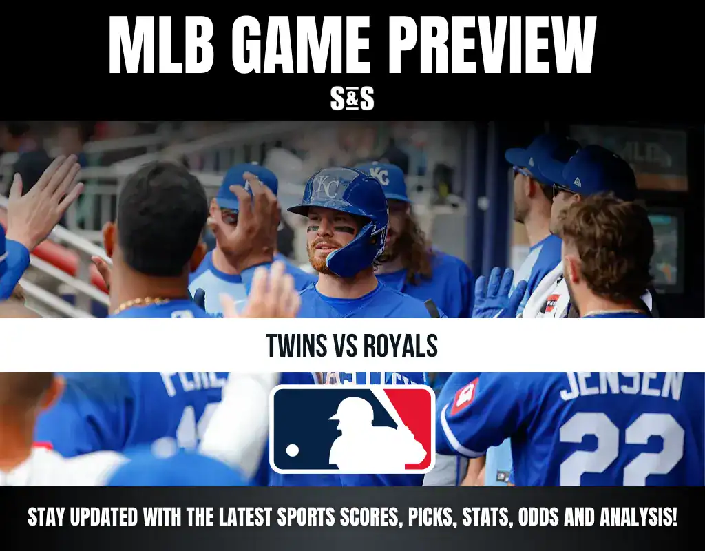 MLB game preview graphic featuring teams Twins vs Royals, with the MLB logo and text for updates on sports scores, picks, stats, odds, and analysis.