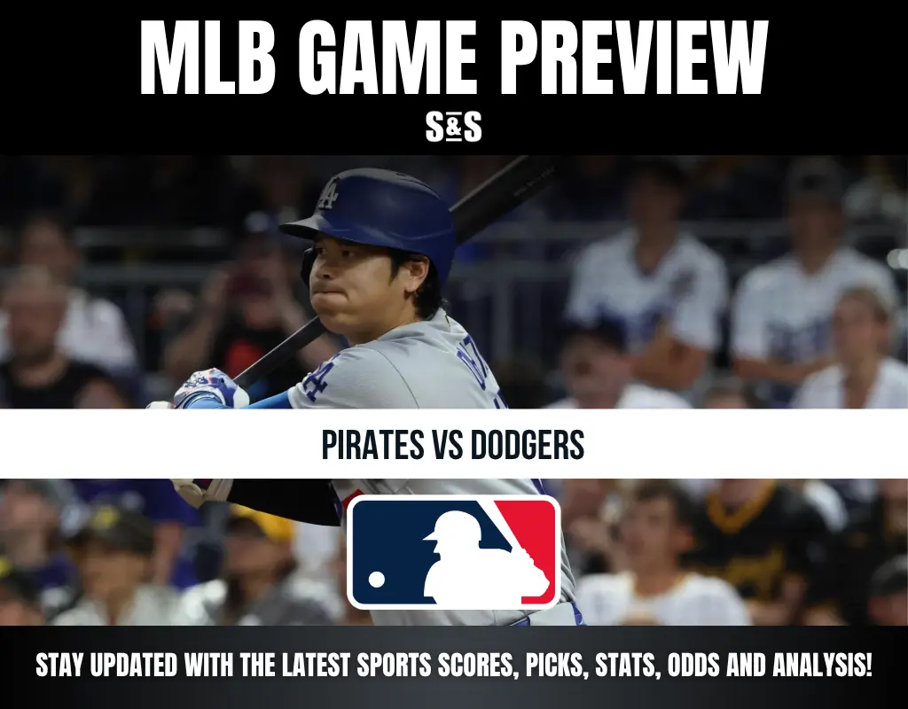 MLB Game Preview featuring the Pirates vs. Dodgers, with a player from the Dodgers at bat.