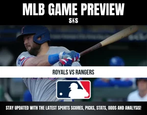 MLB Game Preview with text "Royals vs Rangers" and a player swinging a bat.