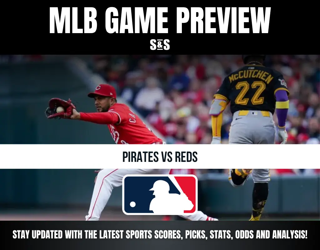 MLB game preview between the Pirates and Reds, featuring players from both teams.