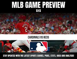 MLB Game Preview for Cardinals vs Reds, with a background image of a player in action.