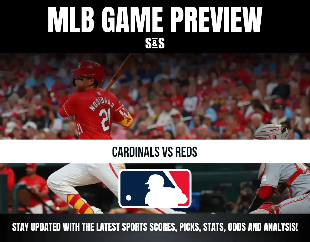 MLB Game Preview for Cardinals vs Reds, with a background image of a player in action.