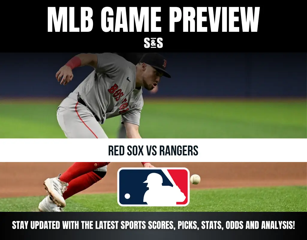 MLB Game Preview featuring Red Sox vs Rangers, with a player from the Red Sox in action.