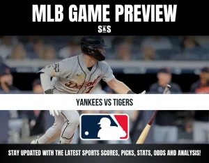 MLB Game Preview featuring Yankees vs Tigers with a player from the Detroit Tigers in action, and a logo of Major League Baseball.