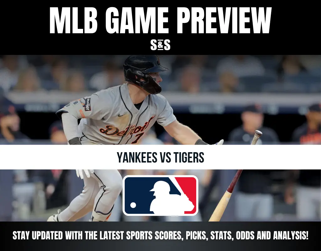 MLB Game Preview featuring Yankees vs Tigers with a player from the Detroit Tigers in action, and a logo of Major League Baseball.