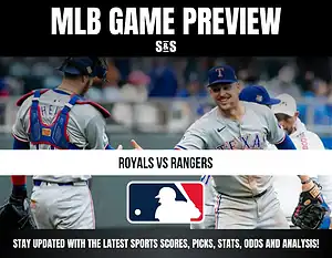 MLB Game Preview featuring teams Royals vs Rangers, with an image of players from both teams.