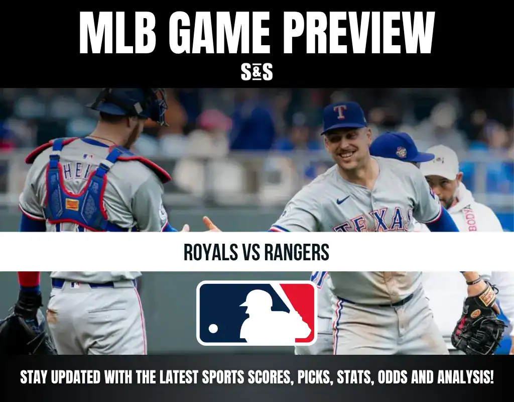 MLB Game Preview featuring teams Royals vs Rangers, with an image of players from both teams.