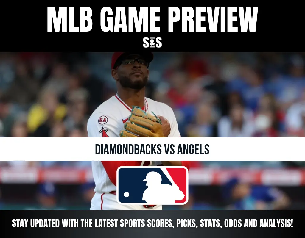 MLB Game Preview featuring a matchup between the Diamondbacks and Angels, with a note to stay updated with the latest sports scores, picks, stats, odds, and analysis.