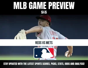MLB game preview graphic featuring the Reds vs. Mets, with a pitcher in action and the MLB logo.