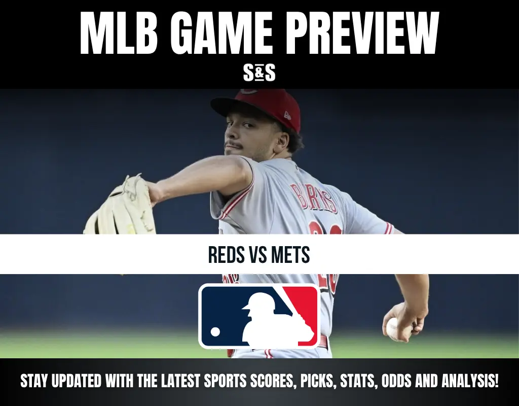 MLB game preview graphic featuring the Reds vs. Mets, with a pitcher in action and the MLB logo.