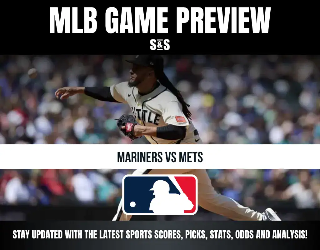 MLB Game Preview featuring the Mariners vs. Mets, with a player pitching in action and the MLB logo displayed.