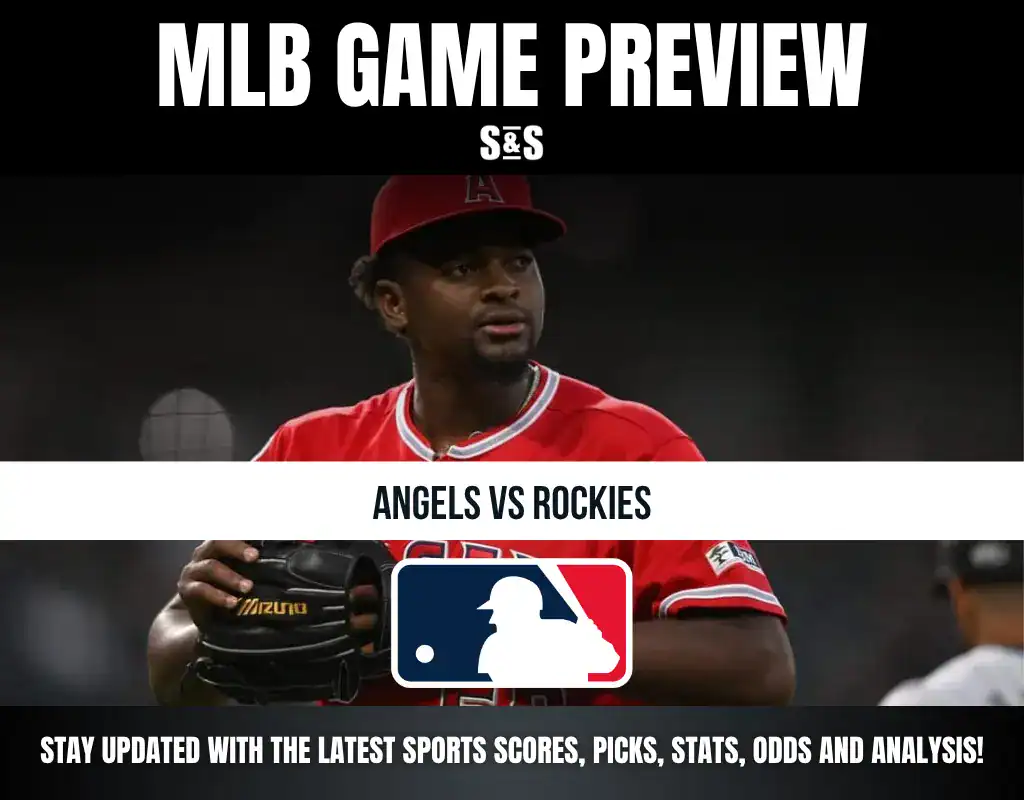 MLB Game Preview for Angels vs Rockies. Image features a player from the Angels.