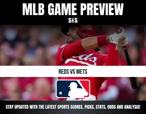 MLB game preview featuring Reds vs Mets with a player from the Reds in action.