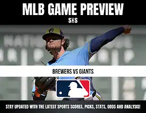 MLB Game Preview with a pitcher from the Brewers throwing a baseball, featuring text that reads "Brewers vs Giants" and "Stay updated with the latest sports scores, picks, stats, odds and analysis!"
