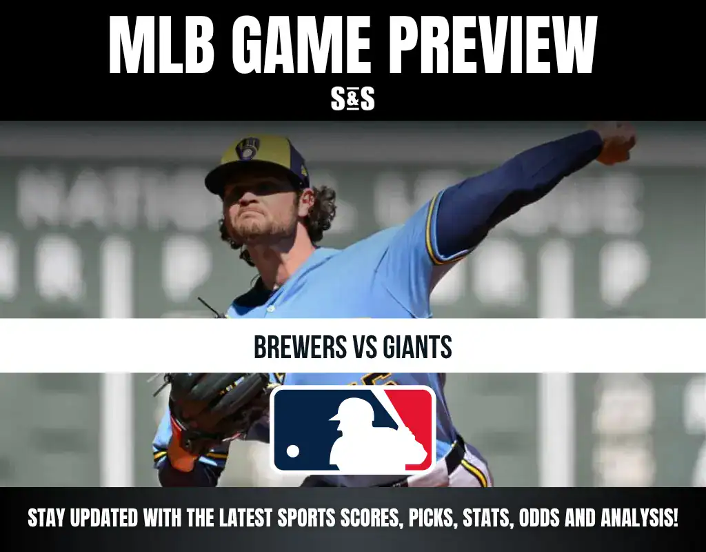 MLB Game Preview with a pitcher from the Brewers throwing a baseball, featuring text that reads "Brewers vs Giants" and "Stay updated with the latest sports scores, picks, stats, odds and analysis!"