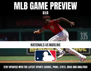 MLB game preview graphic featuring a player in motion, with text stating "Nationals vs Marlins" and "Stay updated with the latest sports scores, picks, stats, odds and analysis!" along with the MLB logo.