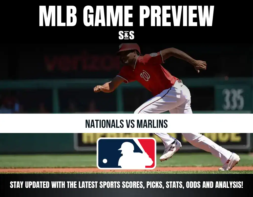 MLB game preview graphic featuring a player in motion, with text stating "Nationals vs Marlins" and "Stay updated with the latest sports scores, picks, stats, odds and analysis!" along with the MLB logo.