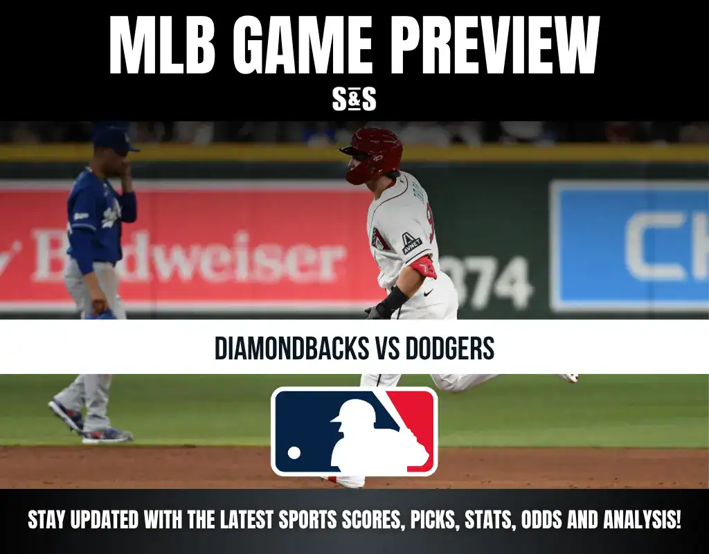 MLB Game Preview featuring Diamondbacks vs Dodgers, with a player running and the MLB logo displayed.