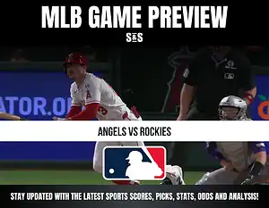 MLB Game Preview for Angels vs Rockies, with a player from the Angels in action.