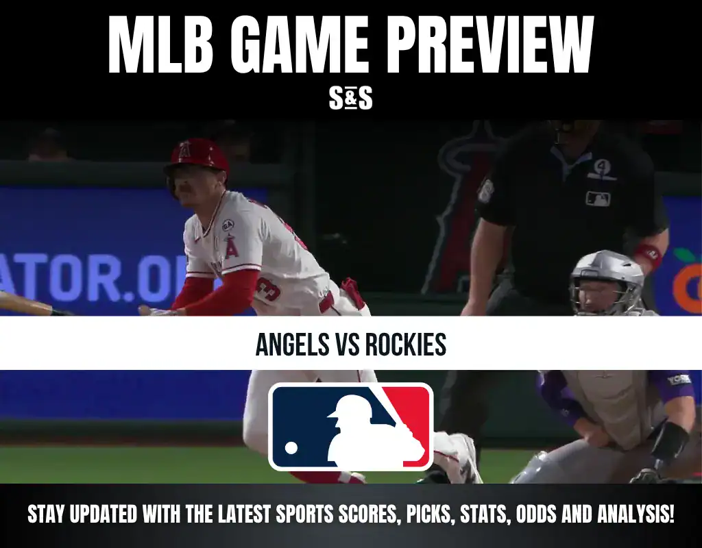 MLB Game Preview for Angels vs Rockies, with a player from the Angels in action.