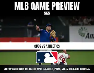 MLB Game Preview for Cubs vs Athletics, with a player fielding a ball.