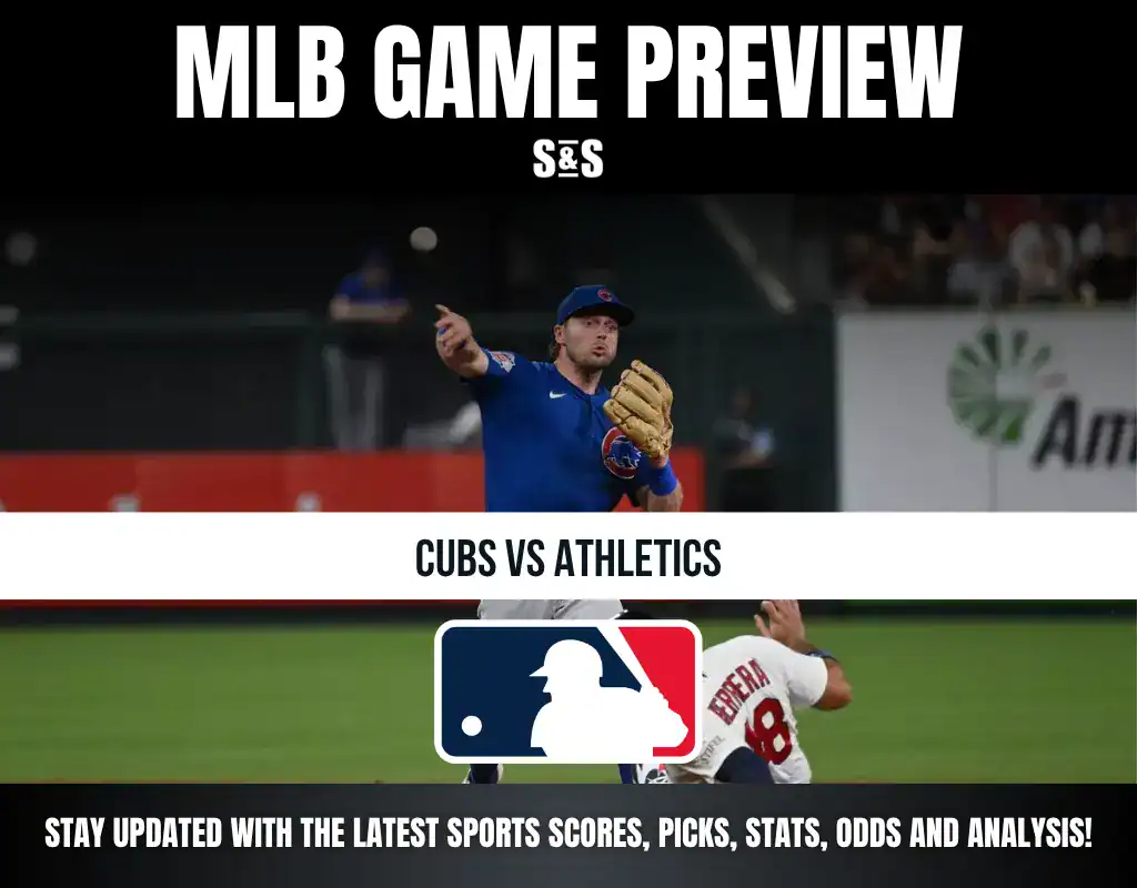 MLB Game Preview for Cubs vs Athletics, with a player fielding a ball.