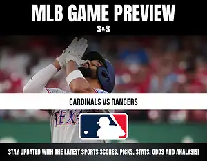 MLB Game Preview featuring Cardinals vs Rangers, with a player from the Texas Rangers in a batting stance.