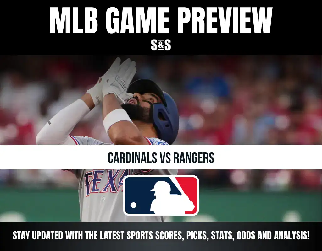 MLB Game Preview featuring Cardinals vs Rangers, with a player from the Texas Rangers in a batting stance.