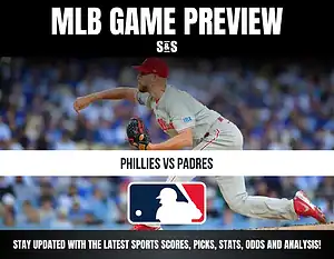MLB Game Preview featuring a pitcher from the Phillies throwing a pitch against the Padres, with an MLB logo at the center.