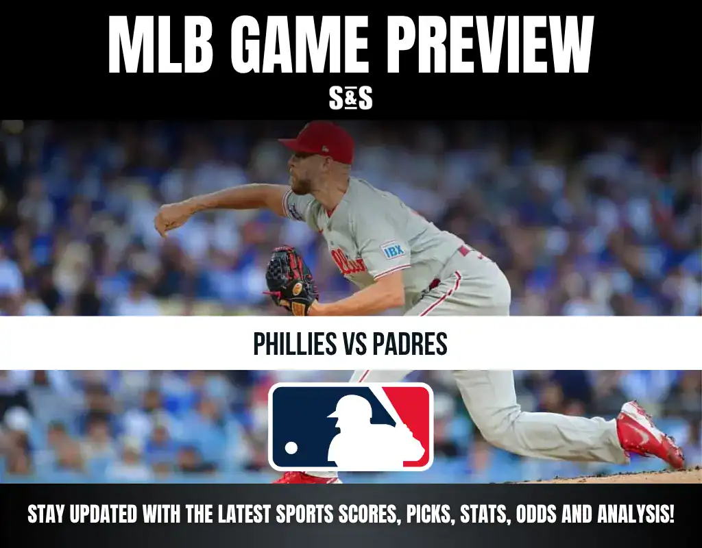 MLB Game Preview featuring a pitcher from the Phillies throwing a pitch against the Padres, with an MLB logo at the center.