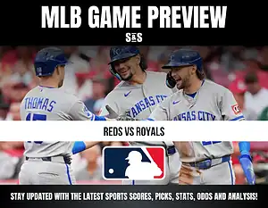 MLB Game Preview featuring teams Reds vs Royals, with players celebrating in the image.