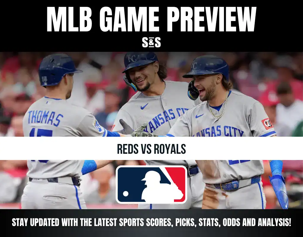 MLB Game Preview featuring teams Reds vs Royals, with players celebrating in the image.