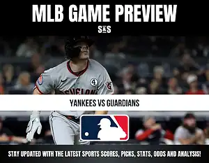 MLB game preview featuring Yankees vs Guardians, with an image of a player in action and promotional text for sports updates.